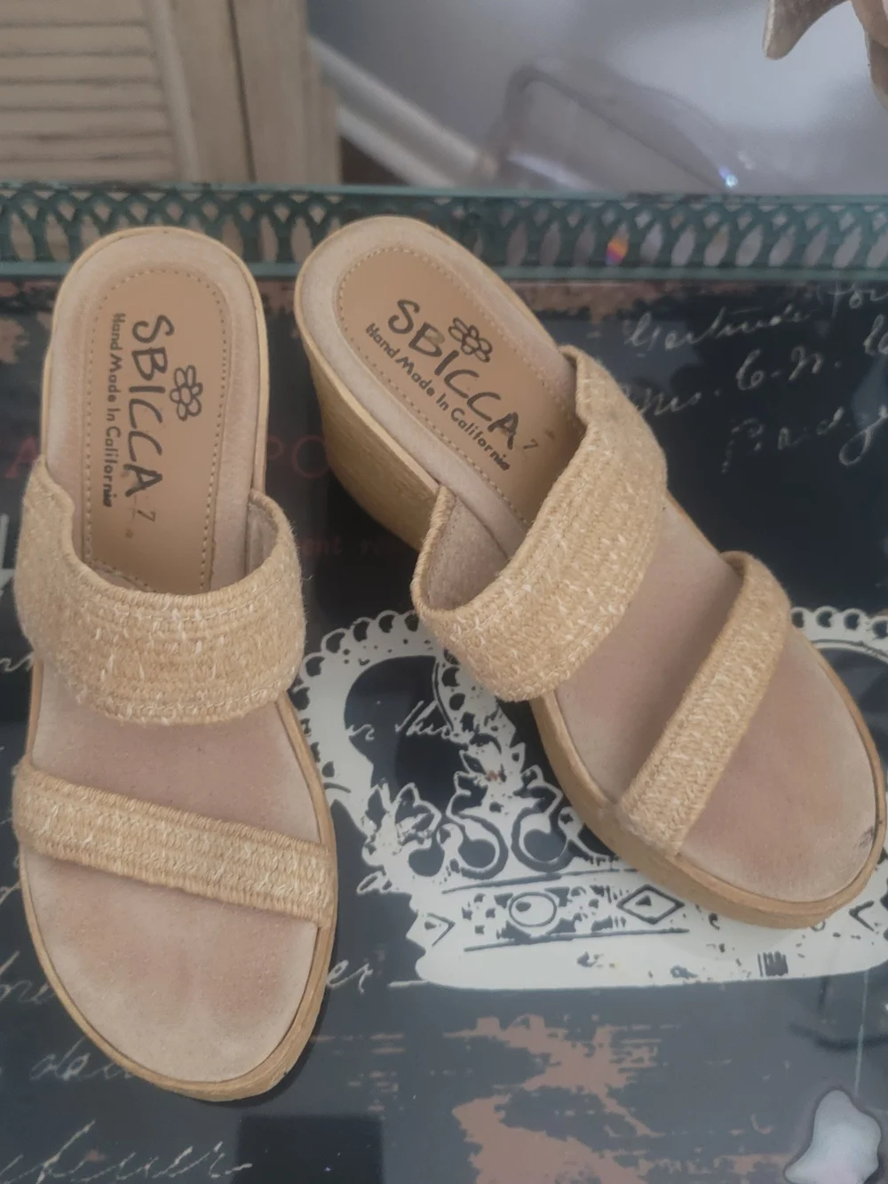 Sbicca Tan Woven Double-Strap Wedge Mules